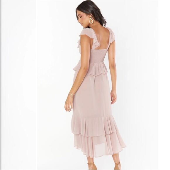 Show Me Your Mumu Wedding Reese Ruffle Dress Side Beige Chiffon NWT  S198 - Picture 2 of 5